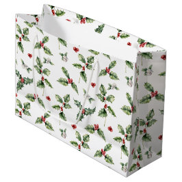 Sacola Para Presentes Grande Berries vermelhos de aquarela, Mistletoe Folhas Ho