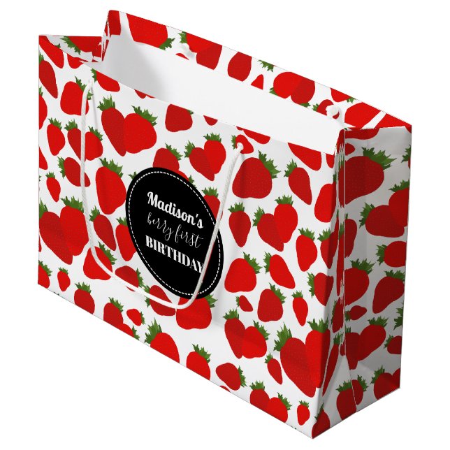 Sacola Para Presentes Grande Berry First Birthday Strawberry Festa de aniversár (Frente inclinada)