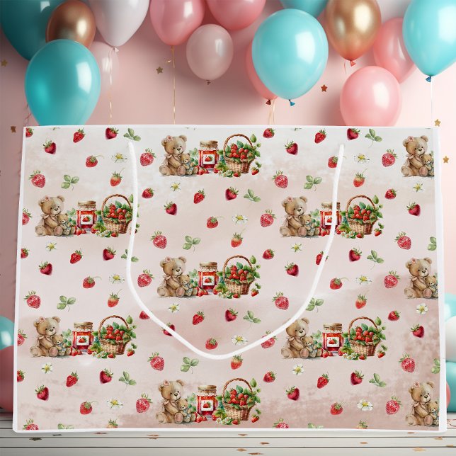 Sacola Para Presentes Grande Berry First Strawberry and Bear Birday (Criador carregado)