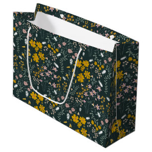 Sacola Para Presentes Grande Besouros Florais de Mostarda e Abelhas Flores Boêm