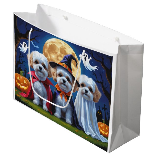 Sacola Para Presentes Grande Bichon Frise Cães Pumpkin Halloween Engraçado (Frente inclinada)