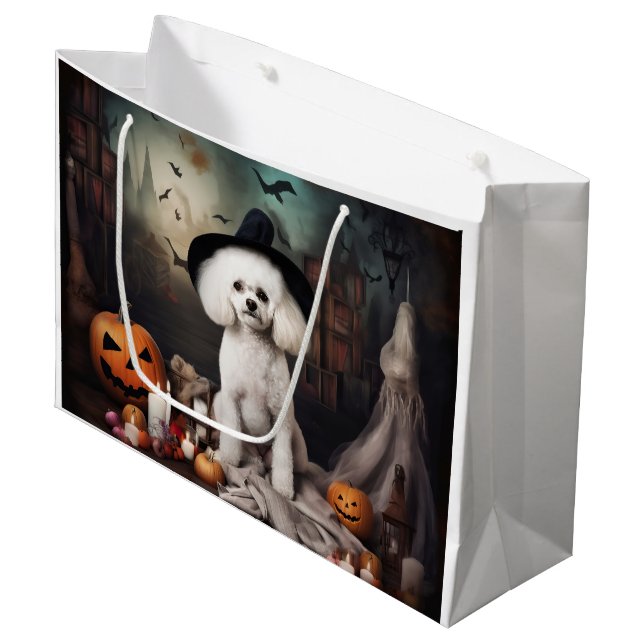 Sacola Para Presentes Grande Bichon Frise Pumpkins Halloween Scary (Frente inclinada)