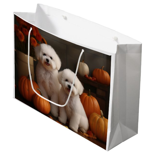 Sacola Para Presentes Grande Bichon Frise Puppy Autumn Delight Pumpkin (Frente inclinada)