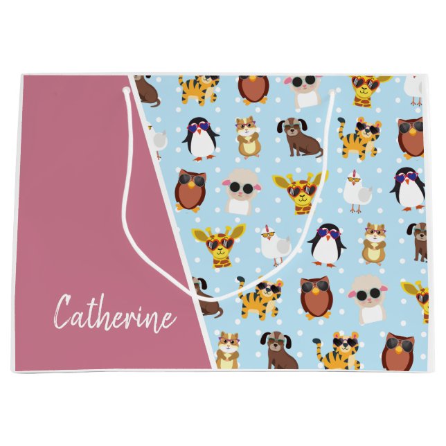 Sacola Para Presentes Grande Bichos Cachorros em Óculos Solares com Nome (Frente)