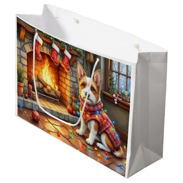 Sacola Para Presentes Grande Biewer Terrier Fireplace with Christmas Lights (Frente inclinada)