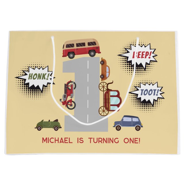 Sacola Para Presentes Grande Bipe honesto para veículos retro primeiro aniversá (Frente)