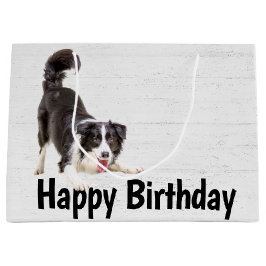 Sacola Para Presentes Grande Birthday Border Collie on Wood