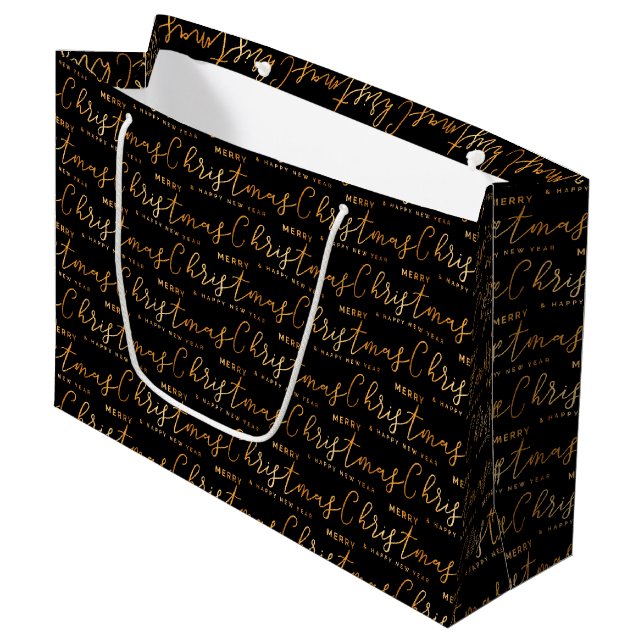 Sacola Para Presentes Grande Black and Gold Merry Christmas Word Art (Frente inclinada)