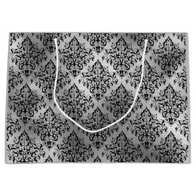Sacola Para Presentes Grande Black Damask e Silver (Frente)