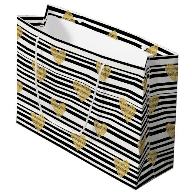 Sacola Para Presentes Grande Black Stripe Gold Heart Glam Pattern (8) (Frente inclinada)
