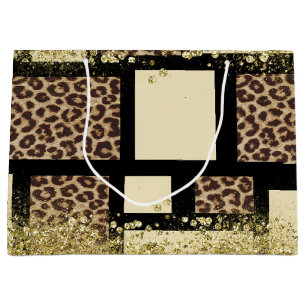 Sacola Para Presentes Grande Bloco de cor Creme Marfim Preto & Leopardo Chita