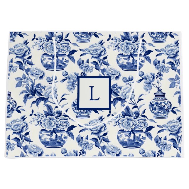 Sacola Para Presentes Grande Blue Chinoiserie Monogram  (Frente)
