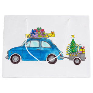 Sacola Para Presentes Grande Blue Fiat 500 com dobras de Natal Aquarela