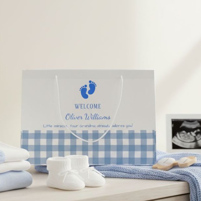 Sacola Para Presentes Grande Blue Gingham Personalized Baby Welcome Gift Bag  (Criador carregado)