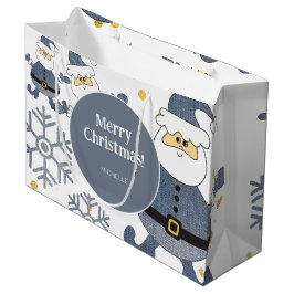 Sacola Para Presentes Grande Blue Gold Denim Natal Santa Personalizado