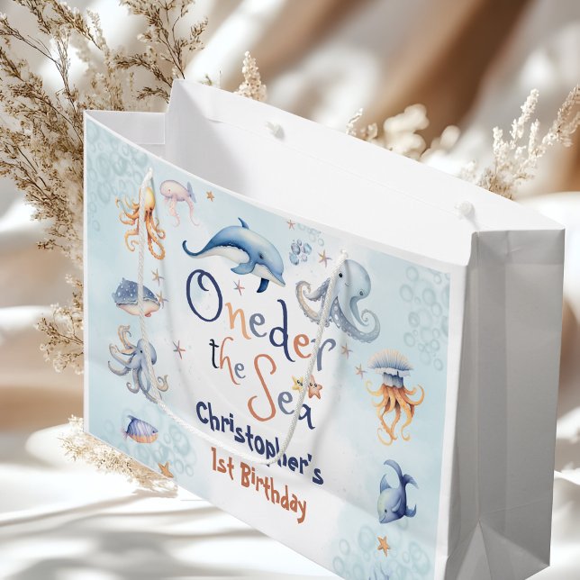 Sacola Para Presentes Grande Blue Oneder the sea boys 1st birthday (Criador carregado)
