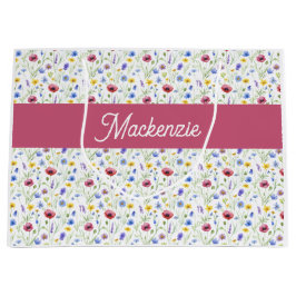 Sacola Para Presentes Grande Blue Pink Wildflower Watercolor Monogram Name 