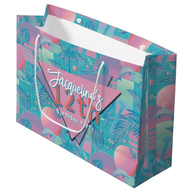 Sacola Para Presentes Grande Blue Summer Vaporwave Sunset Birday (Frente inclinada)
