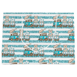 SACOLA PARA PRESENTES GRANDE BLUE & TAN GLITTER OLHA BEBÊ BOY TEDDY TRAIN