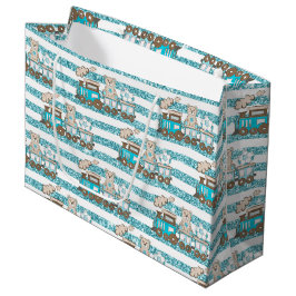SACOLA PARA PRESENTES GRANDE BLUE & TAN GLITTER OLHA BEBÊ BOY TEDDY TRAIN