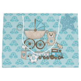 SACOLA PARA PRESENTES GRANDE BLUE & TAN GLITTER OLHA BEBÊ BOY TEDDY TRAIN