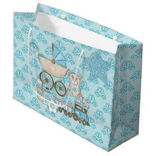 SACOLA PARA PRESENTES GRANDE BLUE & TAN GLITTER OLHA BEBÊ BOY TEDDY TRAIN