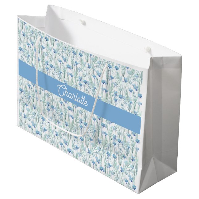 Sacola Para Presentes Grande Blue watercolor wildflowers custom name (Frente inclinada)