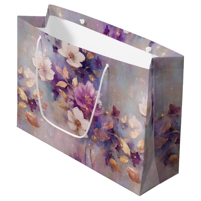 Sacola Para Presentes Grande Blue White Gold Purple Floral Birthday (Frente inclinada)