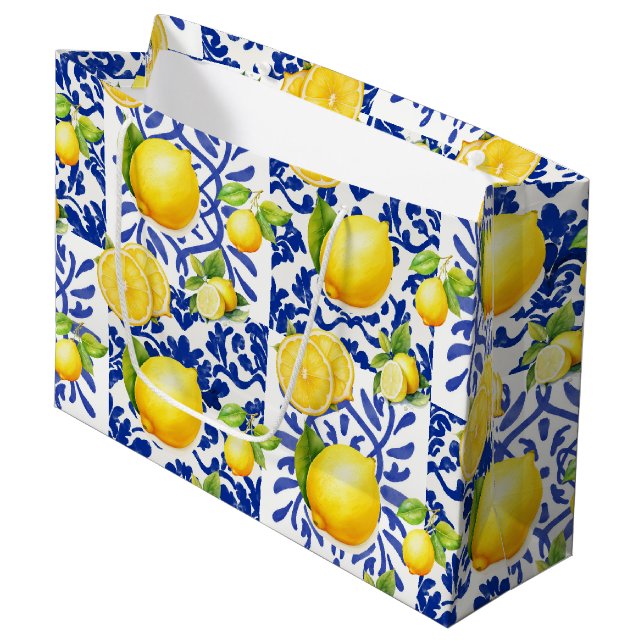 Sacola Para Presentes Grande Blue White Lemon Tile Pattern Mediterranean Citrus (Frente inclinada)