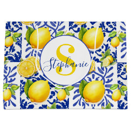 Sacola Para Presentes Grande Blue White Lemon Tile Pattern Monogram Name Citrus