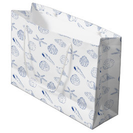 Sacola Para Presentes Grande Blue White Mand Drawn Sea Shels Beach Summer