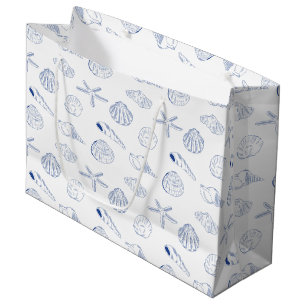 Sacola Para Presentes Grande Blue White Mand Drawn Sea Shels Beach Summer