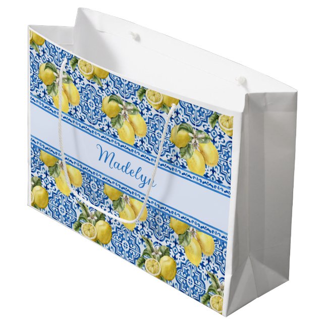 Sacola Para Presentes Grande Blue White Tile Lemon Mediterranean Pattern Name (Frente inclinada)
