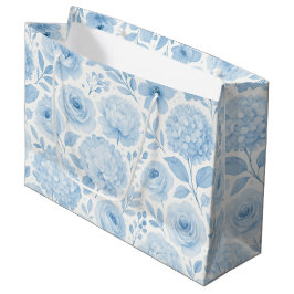 Sacola Para Presentes Grande Blue White Watercolor Floral Pattern