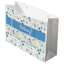 Sacola Para Presentes Grande Blue Wildflower Watercolor Monograma Name