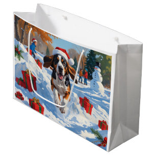 Sacola Para Presentes Grande Bluetick Coonhound Correndo na Neve com Natal