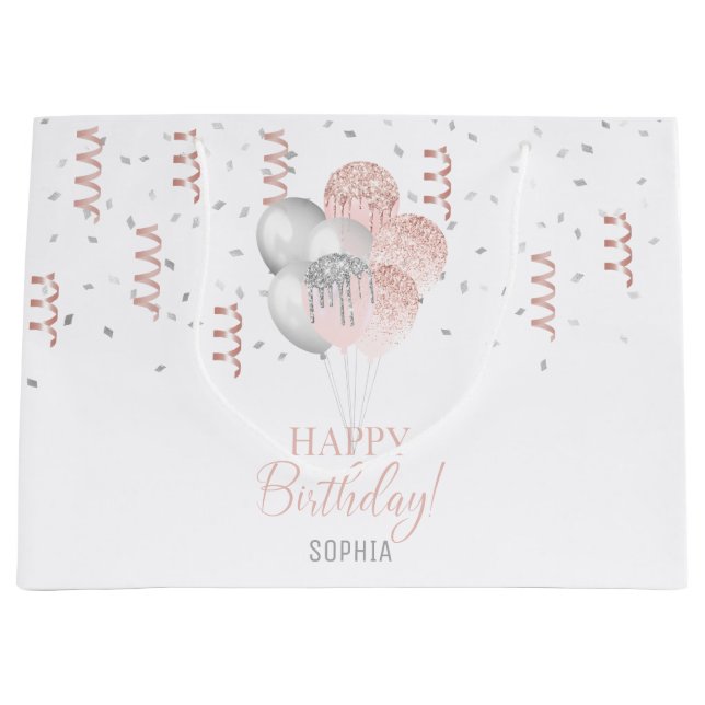 Sacola Para Presentes Grande Blush and Silver Balloons Birthday  (Frente)