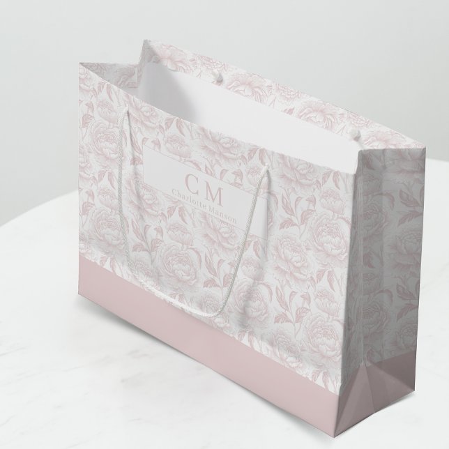Sacola Para Presentes Grande Blush Pink Chinoiserie Peonies Monogram (Criador carregado)
