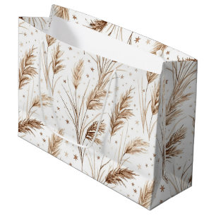 Sacola Para Presentes Grande Boho Grama Pampas Bege Marrom Padrão de Estrela (1