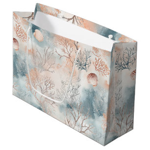 Sacola Para Presentes Grande Boho Luxo Padrão de Coral Costeiro em Aquarela (4)