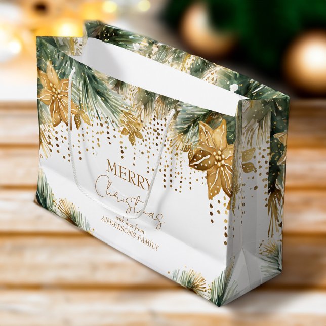 Sacola Para Presentes Grande Boho Merry Christmas gold poinsettia (Boho Merry Christmas gold poinsettia pines personalized Large Gift Bag)