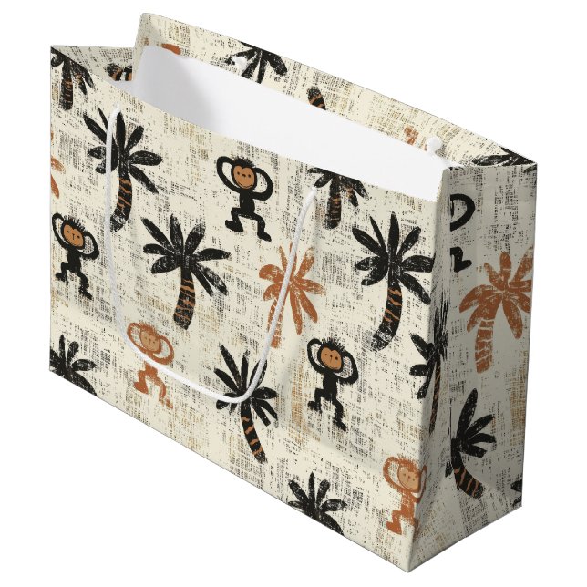 Sacola Para Presentes Grande Boho Monkey Jungle Safari Pattern (Frente inclinada)