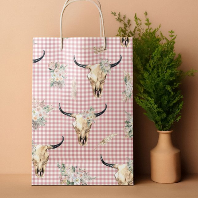 Sacola Para Presentes Grande Boho Pink Gingham Cow Skull Floral (Criador carregado)