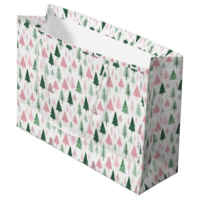 Sacola Para Presentes Grande Boho Pink Green Árvores de Natal Feriado  (Frente inclinada)