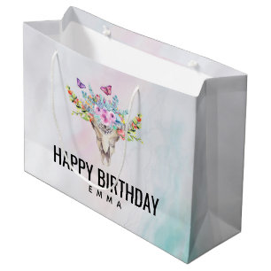 Sacola Para Presentes Grande Boho Skull com Borboletas e Flores Aniversário