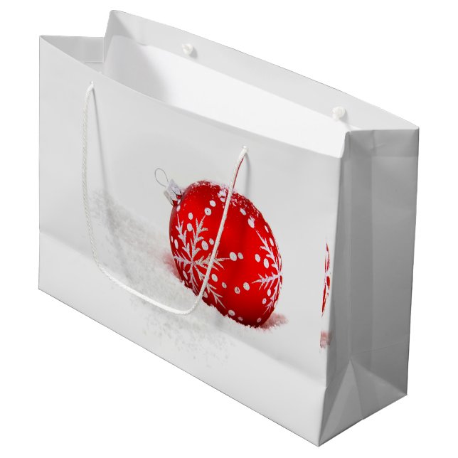 Sacola Para Presentes Grande Bola de Natal Vermelha com Floco de Neve (Frente inclinada)