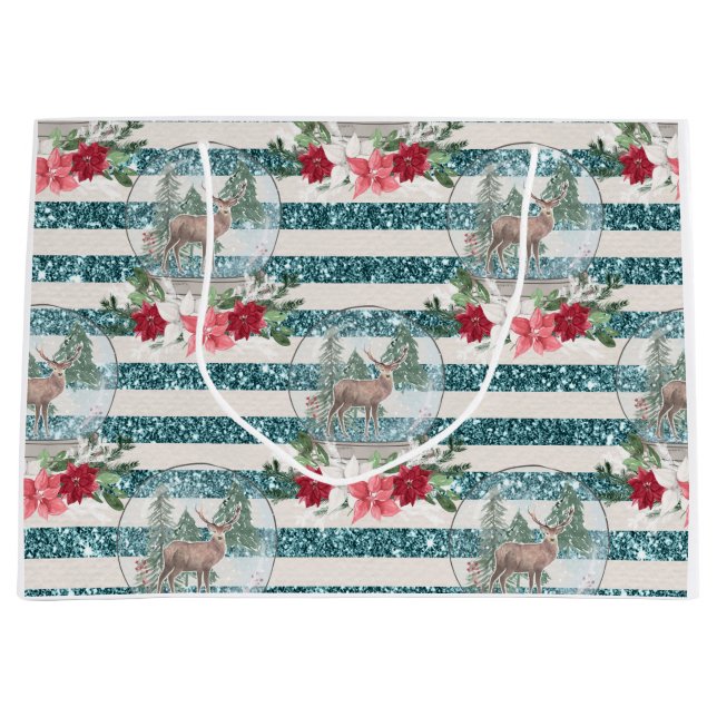 Sacola Para Presentes Grande Bola de neve de veados de Natal, poinsettias (Frente)