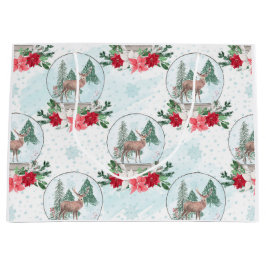 Sacola Para Presentes Grande Bola de neve de veados de Natal, poinsettias