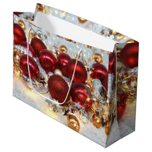 Sacola Para Presentes Grande Bolas de Decoração Vermelha e Prata Natal