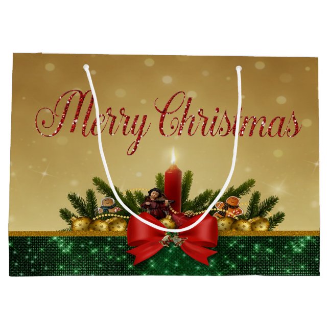 Sacola Para Presentes Grande Bolas de Natal, Velas, Feliz Natal (Verso)